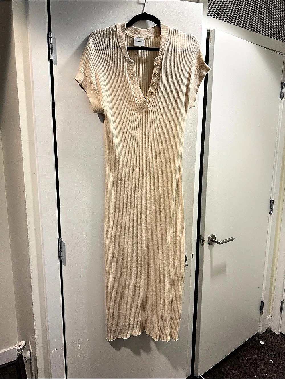 Varley Aria Ribbed Knit Cotton Jersey Polo Midi Dress Cream